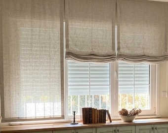Anpassad romersk gardin, ljusfiltrerande rullgardin i konstlinne, neutral fönsterbehandling