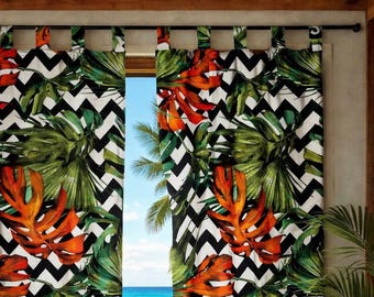 Tropical Monstera Leaf Window Curtains, Boho Botanical Linen Drapes, Custom Size Living Room Decor
