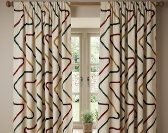 Cortinas de lino geométricas bordadas, cortinas personalizadas estilo boho para habitación infantil, tratamientos de ventanas en color beige o gris.