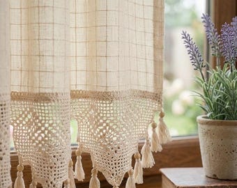 100% Buldan Cotton Boho Lace Cafe Curtain, Farmhouse Window Drape, Tassel Trim Panel
