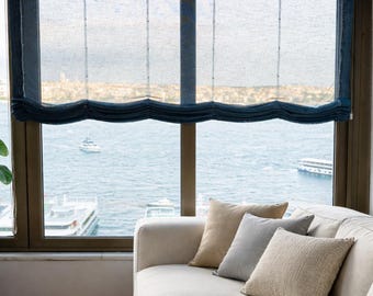 Cortina romana de tul y lino, cortina transparente sin varillas, cenefa rústica personalizada