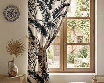 Linnegardin med tropiskt bananblad, palmtryck i anpassad storlek, cafégardin, köksgardin