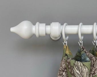White Wooden Curtain Rod Set, Teardrop Finial, Solid Hornbeam Farmhouse Pole