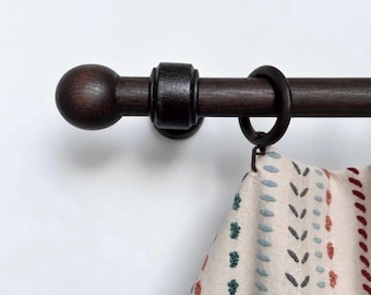 Handcrafted Dark Wood Curtain Rod Set, Rustic Wooden Drapery Pole with Ball Finials & Rings, Heavy Duty Farmhouse Window Hardware