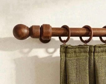 Hornbeam Curtain Rod Set, Medium Walnut Finish, Rustic Ball Finials, Extra Long Drapery Pole