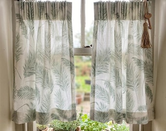 Green Fern Linen Sheer Curtain, Botanical Leaf Print Cafe Panel, Boho Window Drape