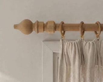 Handmade Wood Rustic Curtain Rod, Farmhouse Window Hardware, Hornbeam Wood Pole with Finials