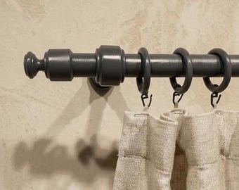 Juego de barra para cortinas de madera de carpe a medida, anillas rústicas, tratamiento de ventanas estilo granja color antracita