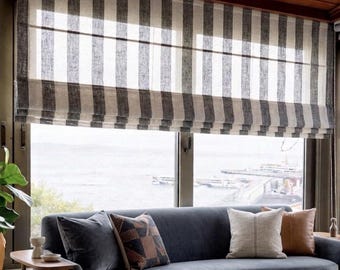 Custom Striped Roman Shade, Linen Look Window Blind, Farmhouse Curtain (Light Filtering)