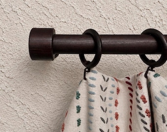 Solid Wood Walnut Curtain Rod Set, Modern Cylindrical Drapery Pole with Rings, Minimalist Wooden Window Hardware