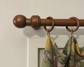 Solid Hornbeam Wood Curtain Rod Set, Handcrafted Wooden Drapery Pole with Ball Finials & Rings, Rustic Farmhouse Window Hardware