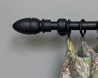 Black Solid Hornbeam Wood Curtain Rod Set, Rustic Farmhouse Window Hardware, Mid Century Style