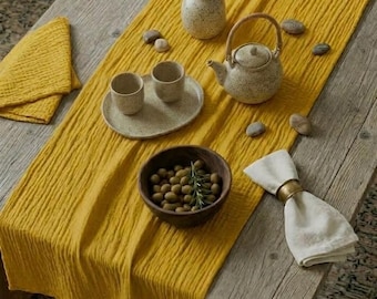 Bordlöpare i 4 lager av muslin, ekologisk bomullsgasväv, bohemisk bröllopsdekor, stentvättad mjuk linnetyg