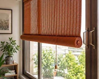 Custom Bamboo Window Blinds, Light Filtering Wood Shades, Boho Roller Shade (Roman Style)