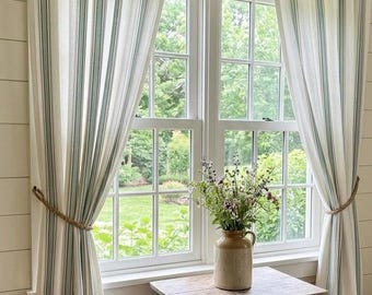 100% Striped Cotton Curtain, Rustic Farmhouse Drape, Blue Green Custom Window Panel