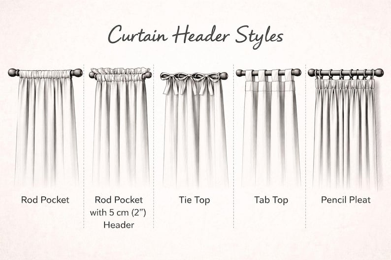 May include: Illustration of five different curtain header styles: Rod Pocket, Rod Pocket with 2" Header, Tie Top, Tab Top, and Pencil Pleat. The text "Curtain Header Styles" is at the top.