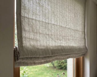 Relaxed Roman Shade, Green Pinstripe Linen Cotton Blend Window Blind, Farmhouse Style