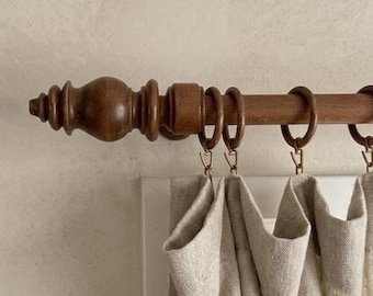 Medium Walnut Wooden Curtain Rod Set with Rings | Rustic Drapery Pole, Hornbeam Wood Hardware