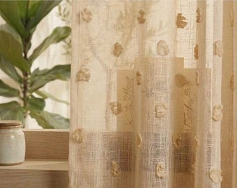 Boho Pom Pom Sheer Curtains, Faux Linen Tufted Window Drapes, Ecru Beige Taupe Farmhouse