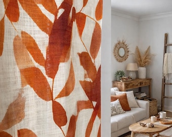 Botanisk lövgardin i linne, draperi i vintagestil, anpassad cafégardin, rustik bohemisk inredning