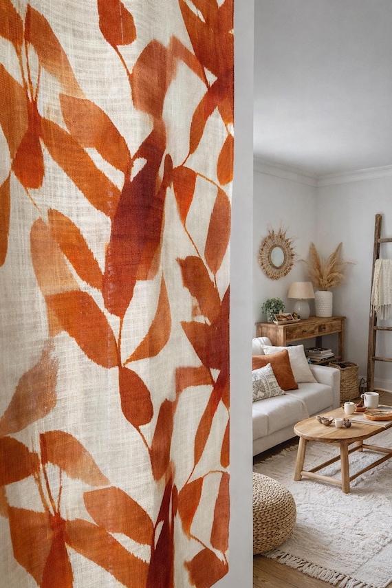 Botanical Leaf Linen Curtain, Vintage Style Drape, Custom Cafe Curtain, Rustic Boho Decor