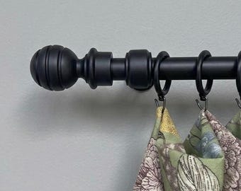 Black Wooden Curtain Rod Set, Striped Ball Finials, Rustic Farmhouse Window Hardware