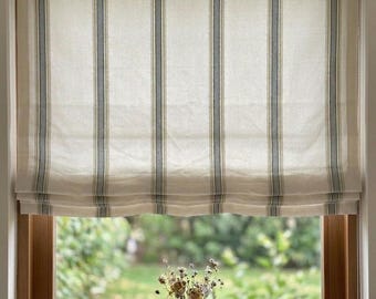 Custom Relaxed Roman Shade, 100% Cotton Farmhouse Window Treatment, Blue Green Stripes