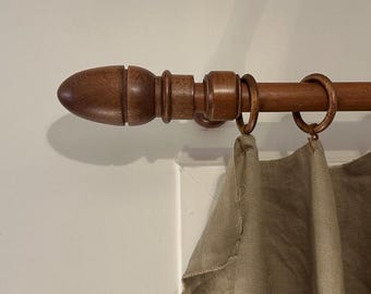 Medium Walnut Wooden Curtain Rod Set, Rustic Farmhouse Drapery Pole with Acorn Finials