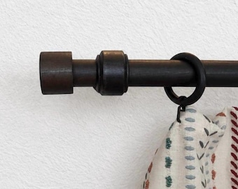 Solid Hornbeam Dark Wood Curtain Rod Set, Modern Cylindrical Drapery Pole with Rings, Minimalist Wooden Window Hardware