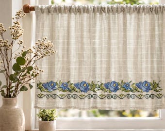 Blommigt broderad bomullsgardin för café, bohemiskt köksgardin för lantlig stil