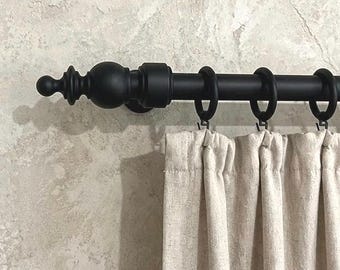 Solid Hornbeam Wood Black Curtain Rod Set, Rustic Farmhouse Window Hardware, Elegant Finials