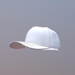 Könnte beinhalten: Eine weiße Baseballkappe mit gebogenem Schirm. Die Kappe besteht aus einem glatten Material und hat eine strukturierte Krone. Der Schirm hat ein strukturiertes, genähtes Design. Der Hut ist einfarbig weiß.