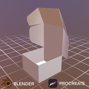 May include: A 3D rendering of a white cardboard box, partially open, against a grid background. The box is rendered in a neutral color palette. The Blender and Procreate logos are visible at the bottom.