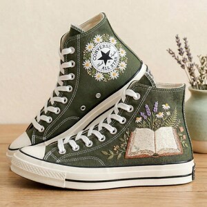 Custom Book Floral Converse Sneakers Hand Embroidered Literary Flower Shoes Reader Gift Aesthetic