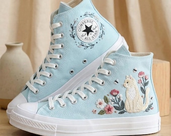 Custom Cat Flowers Embroidered Converse Sneakers, Personalized Kitten Floral Shoes, Artistic Birthday Gifts for Her