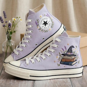 Custom Book Witch Converse Sneakers Hand Embroidered Magic Reader Spell Shoes Gift Aesthetic