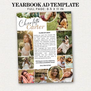 Może przedstawiać: Szablon reklamy do rocznika ze słowami "YEARBOOK AD TEMPLATE" i "FULL PAGE: 8.5 X 11 IN". Reklama zawiera imię "Charlotte Carter" i zawiera zdjęcia młodej kobiety w różnych pozach, wraz z tekstem.