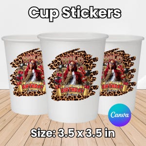 May include: Three white paper cup stickers with a leopard print design and the text "Let's Get Wild" and "Birthday Queen". The stickers are 3.5 x 3.5 inches.