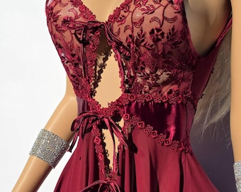 THE VAMP Rich Oxblood Red Vintage Lace Mini Dress with Peekaboo Ribbon Lacing - Sheer Floral Embroidery- One-of-a-Kind Piece