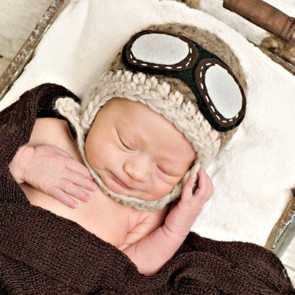 Newborn Hat, Baby Aviator Hat in Taupe and Light Brown, Photo Prop, Baby Hat, Boy Hat, Boy Beanie