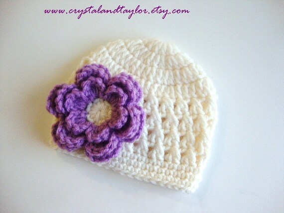Items similar to Baby Crochet Hat/Beanie with Flower in Cream and ...