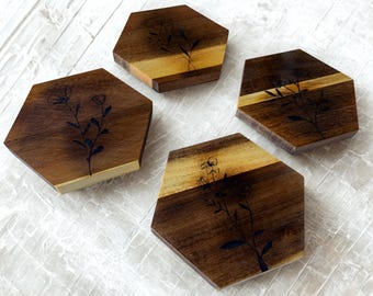 Elegant Simple Floral Flower Acacia Wood Burn  Coasters - Multiple Designs