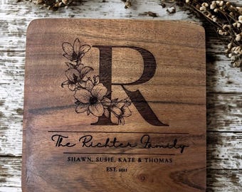 Laser Engraved Acacia Wood Coasters Personalized Monogram Name Floral Design
