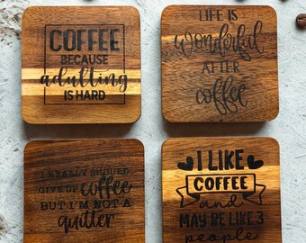 Funny Coffee Coasters - Acacia Wood Burned Multi Design Set