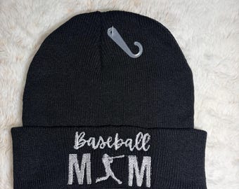 Embroidered Baseball Mom Mama with Baseball Player Knit Beanie Choose your color design!