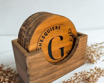 Floral Monogram Name Wood Burn Personalized Coasters