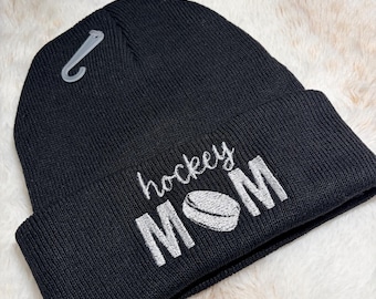 Embroidered Hockey Mom Mama with Puck Knit Beanie Choose your color design!