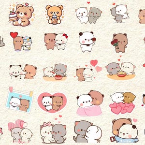 May include: A collection of cute cartoon bear and cat stickers in various poses, including hugging, holding hearts, and enjoying treats. The stickers feature soft colors and are set against a cream-colored background.