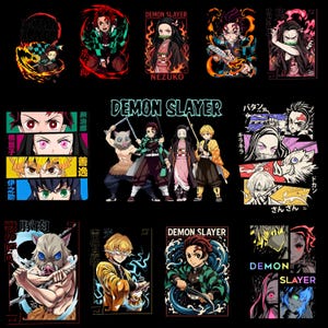 Może przedstawiać: Zbiór grafik z postaciami i tytułem "Demon Slayer" na czarnym tle. Projekty przedstawiają różne postacie w pozach akcji, z żywymi kolorami i szczegółowymi ilustracjami. Niektóre projekty zawierają japoński tekst.