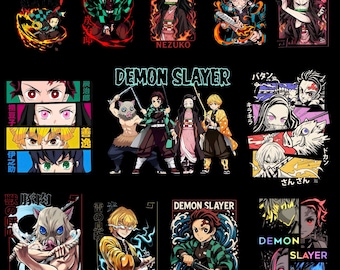 Puede incluir: Una colección de diseños gráficos con personajes y el título "Demon Slayer" sobre un fondo negro. Los diseños incluyen varios personajes en poses de acción, con colores vibrantes e ilustraciones detalladas. Algunos diseños incluyen texto japonés.